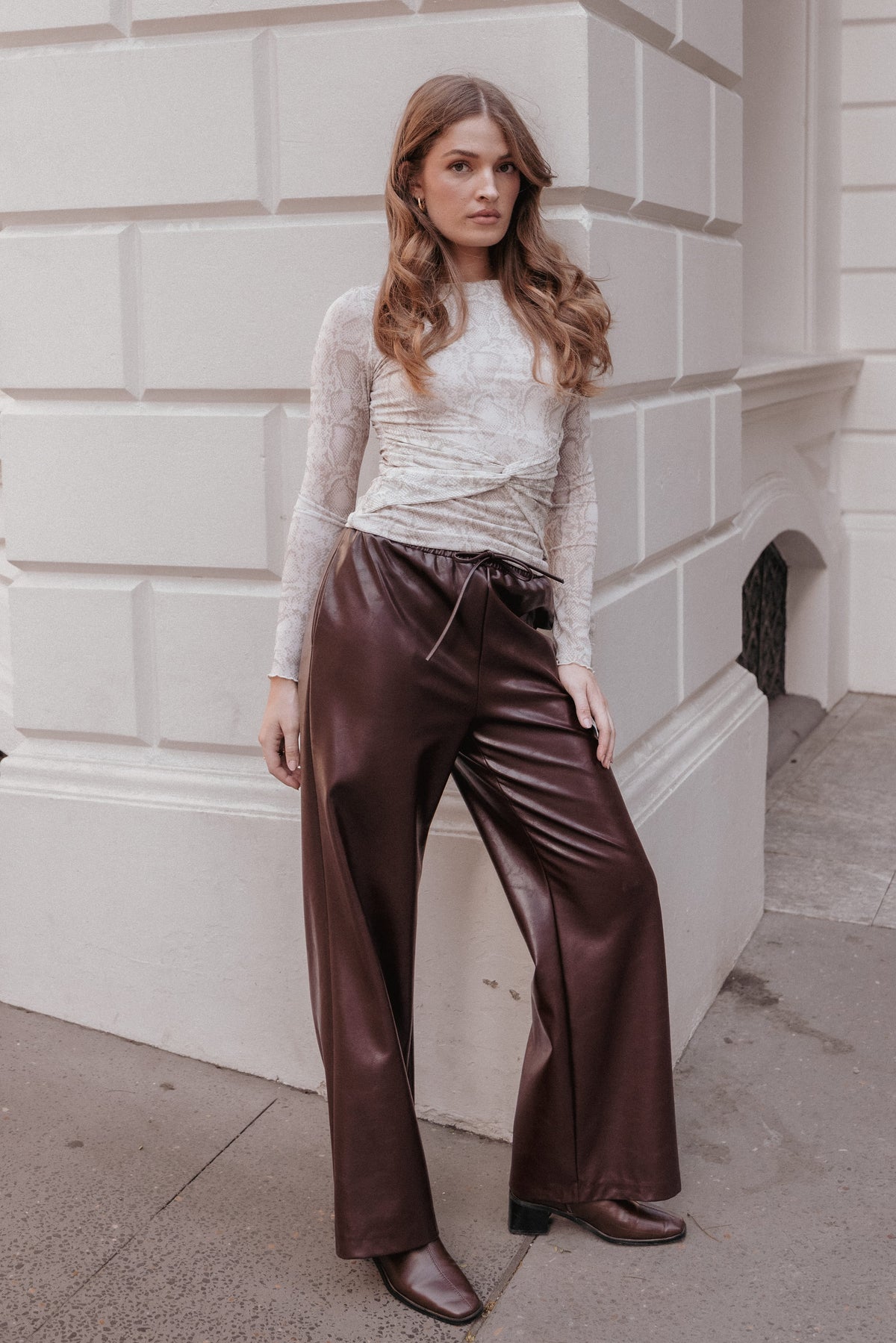 BOTTOMS Saffron Vegan Leather Wide Leg Pant - Burgundy
