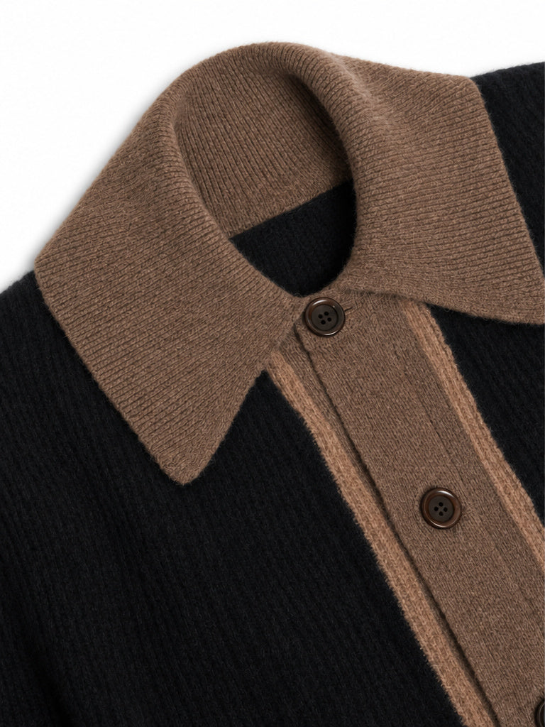 Two-Tone Wool Cardigan with Spread Collar and Tan Accents, Black