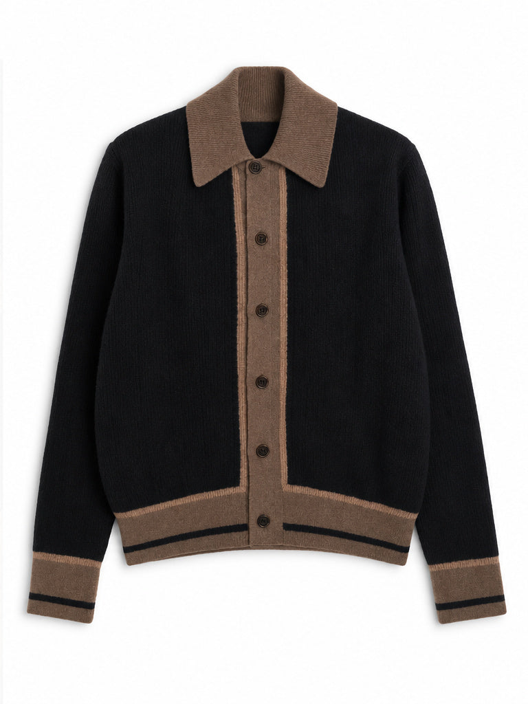 Two-Tone Wool Cardigan with Spread Collar and Tan Accents, Black