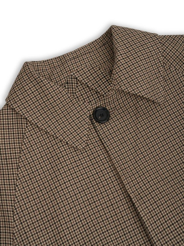 Beige Houndstooth Overcoat with Cotton Wool Blend and Spread Collar