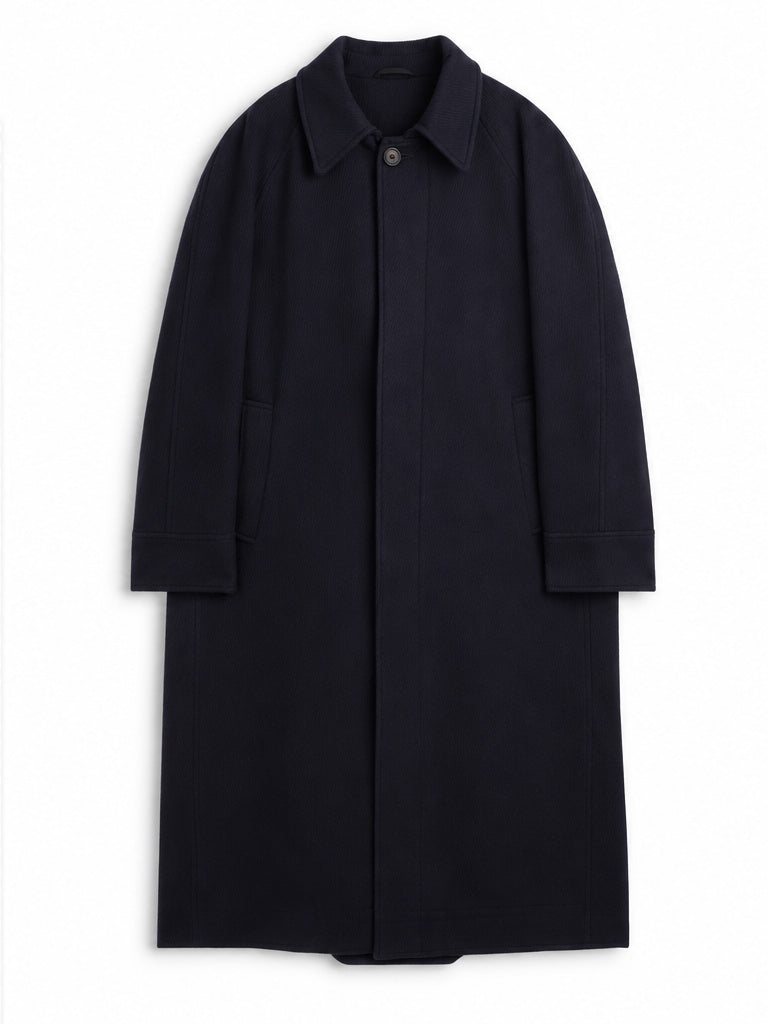 Navy Wool Twill Overcoat with Raglan Sleeves and Storm Collar, Full-Length Cut