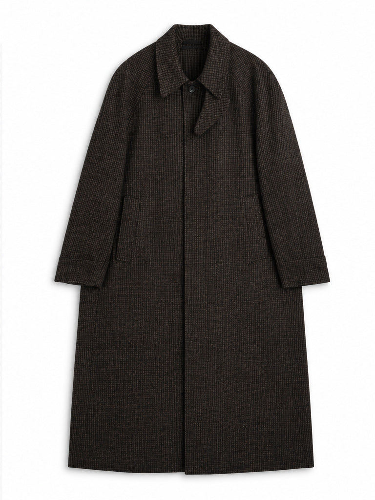 Wool-Cotton Blend Overcoat with Raglan Sleeve and Houndstooth Pattern