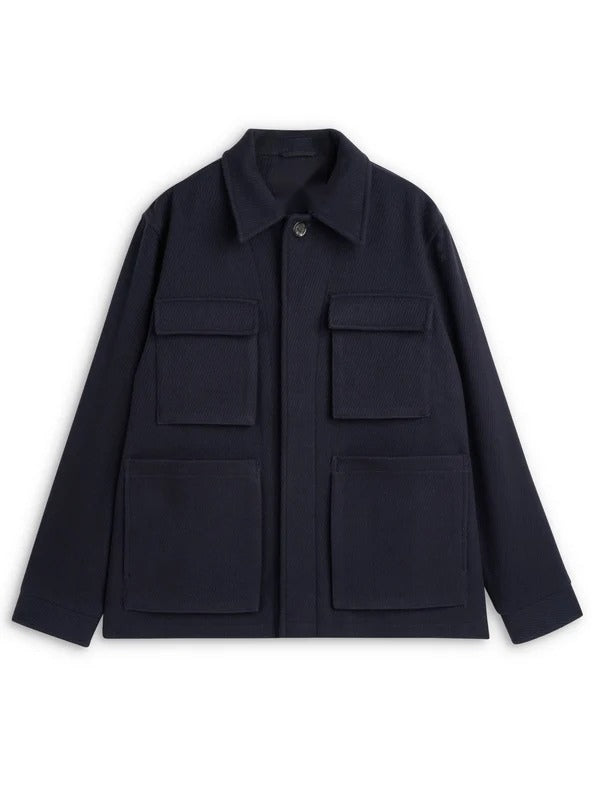 Navy Wool Twill Field Jacket with Four Pockets and Rear Adjusters