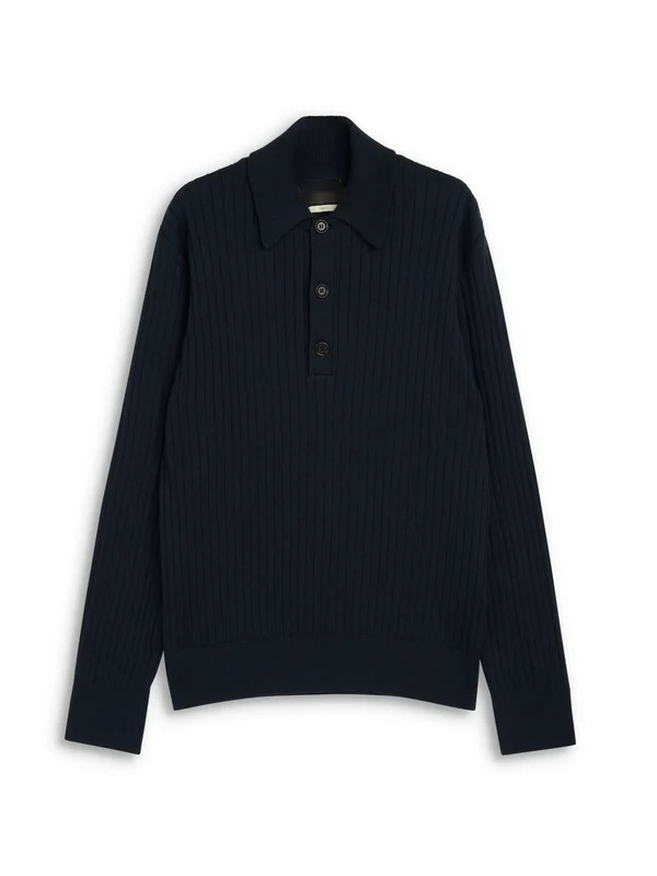 Long-Sleeve Knitted Polo Shirt with Ribbed Texture and Three-Button Placket, Navy