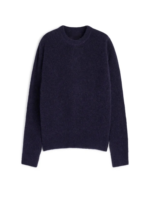 Alpaca Wool Blend Jumper with Double-Knit Ribbed Neckline and Elasticated Cuffs, Purple