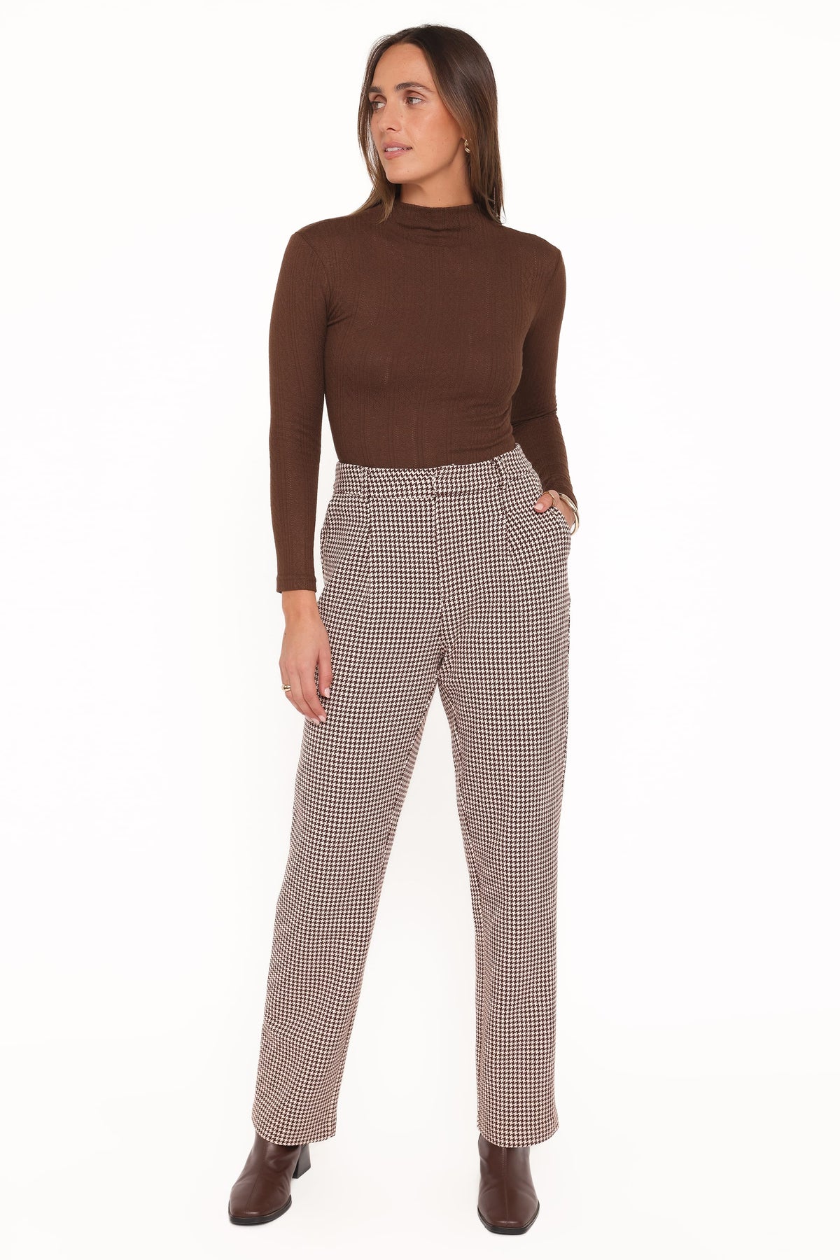 Petal and Pup USA BOTTOMS Jessie Straight Leg Trouser Pants - Brown Houndstooth