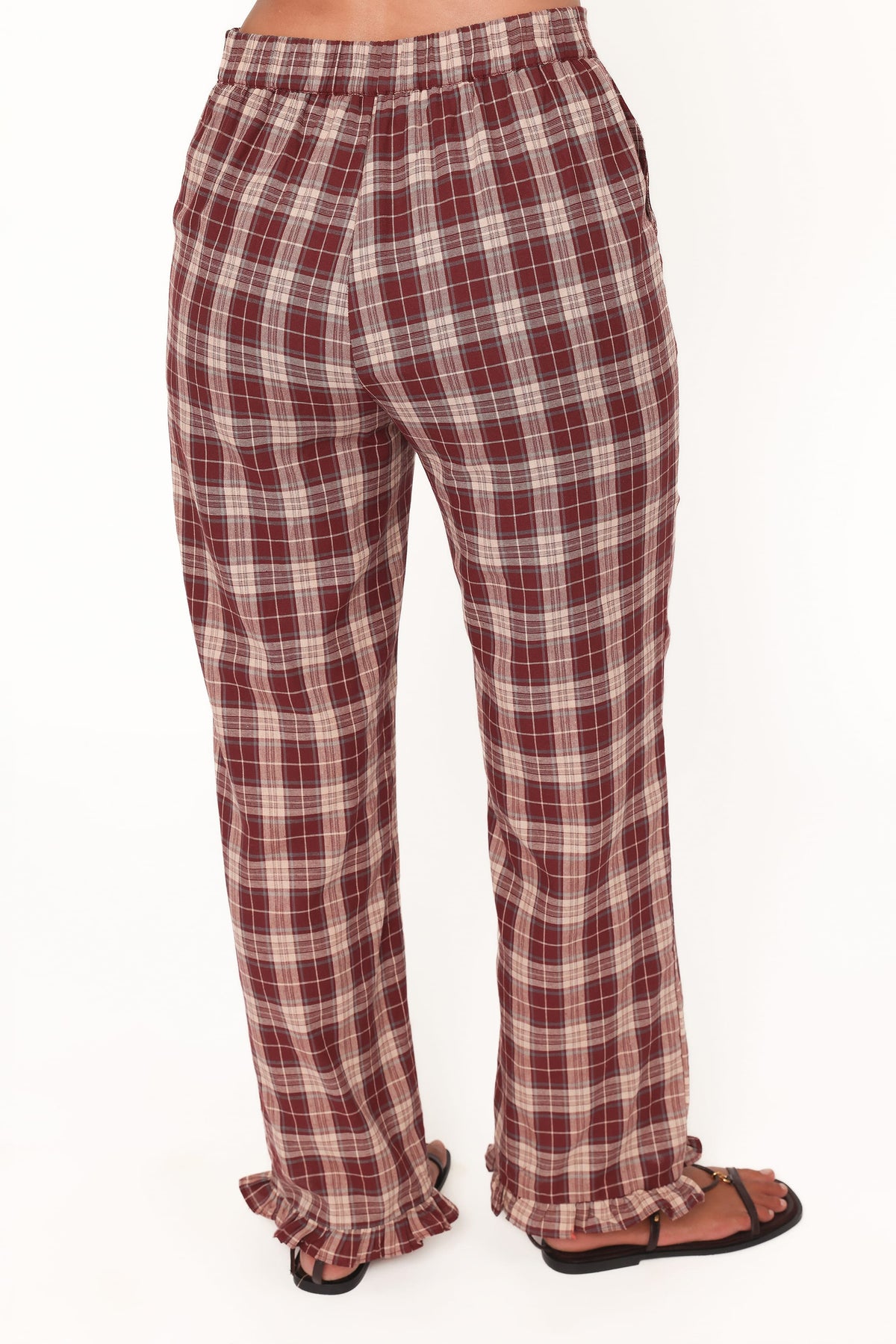 Petal and Pup USA BOTTOMS Kaelia Frill Hem Straight Pant - Burgundy Plaid