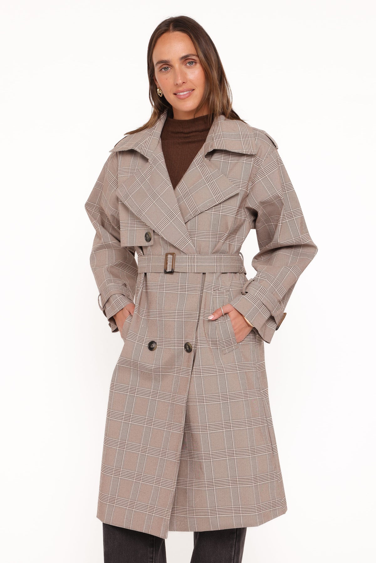 Petal and Pup USA OUTERWEAR Billy Button Front Trench Coat - Brown Plaid