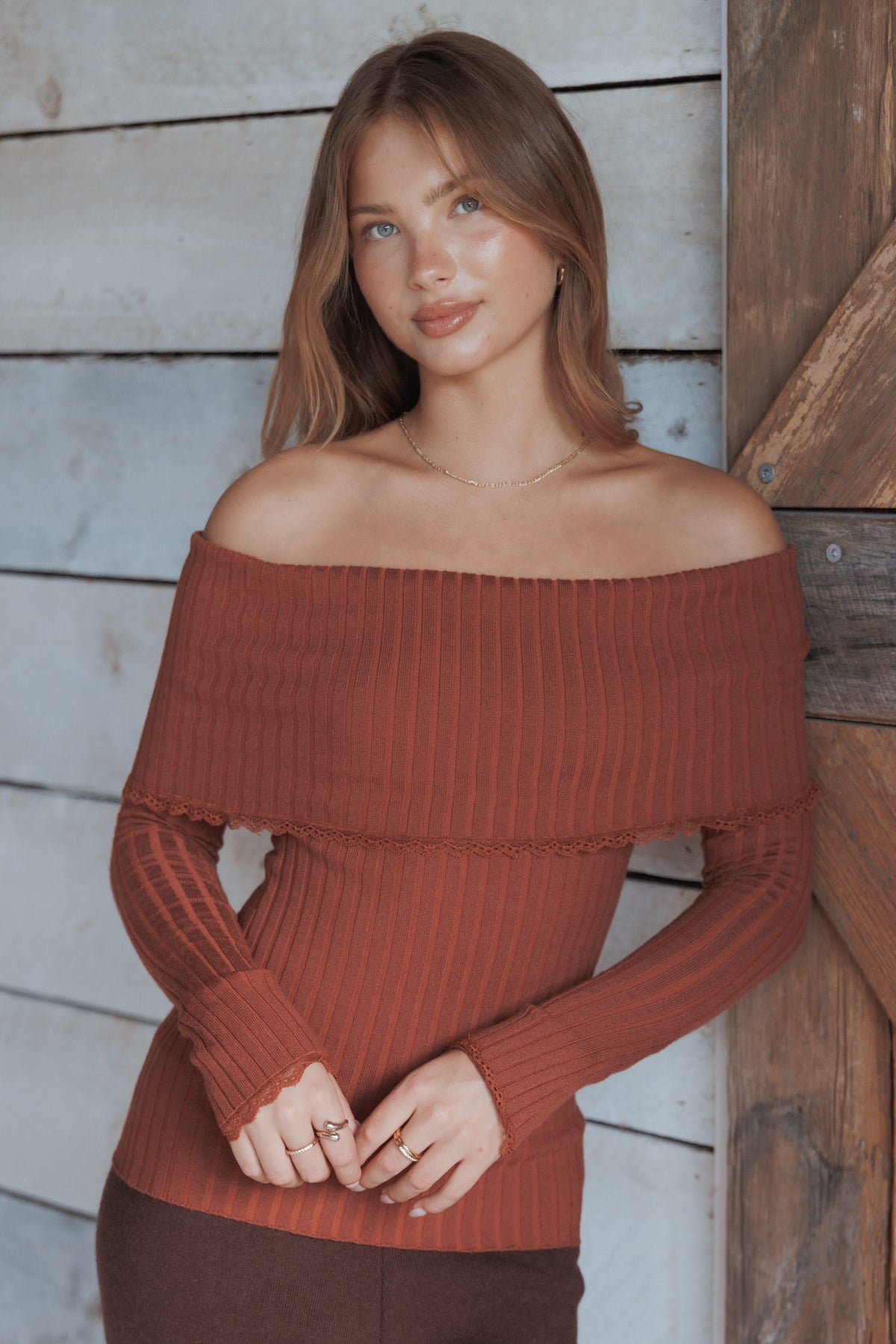 Petal and Pup USA TOPS Sirmione Off Shoulder Pointelle Top - Burgundy