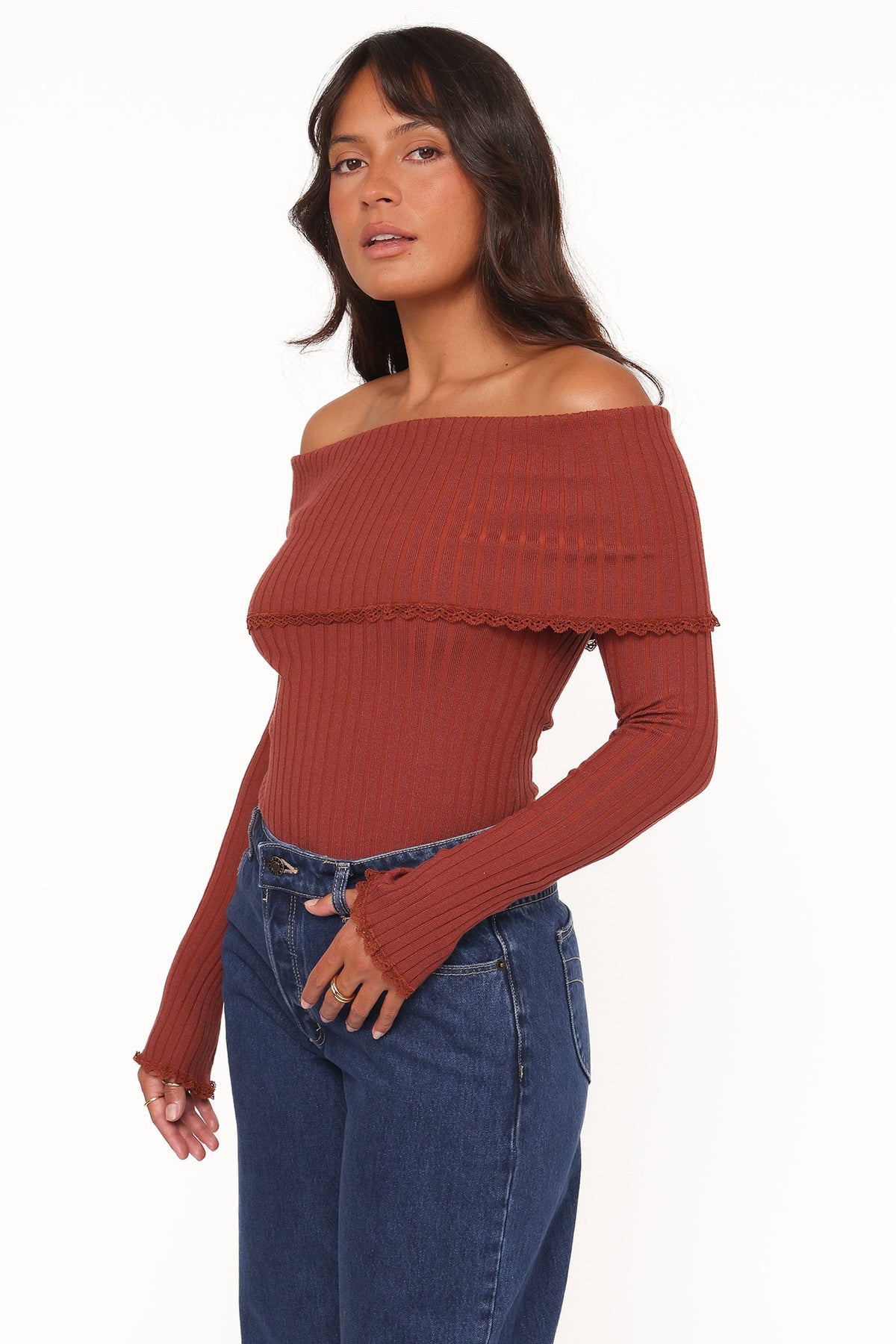 Petal and Pup USA TOPS Sirmione Off Shoulder Pointelle Top - Burgundy