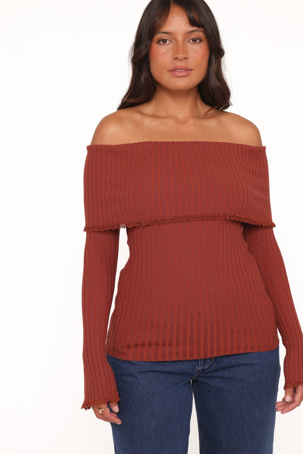 Petal and Pup USA TOPS Sirmione Off Shoulder Pointelle Top - Burgundy